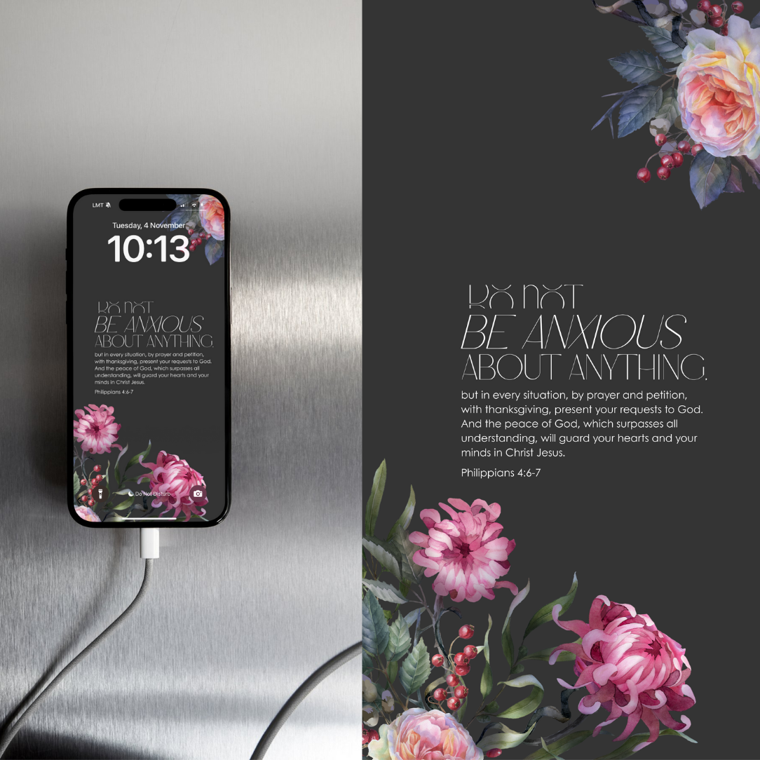 Phone with floral screen on a metallic surface, next to a floral design and text.