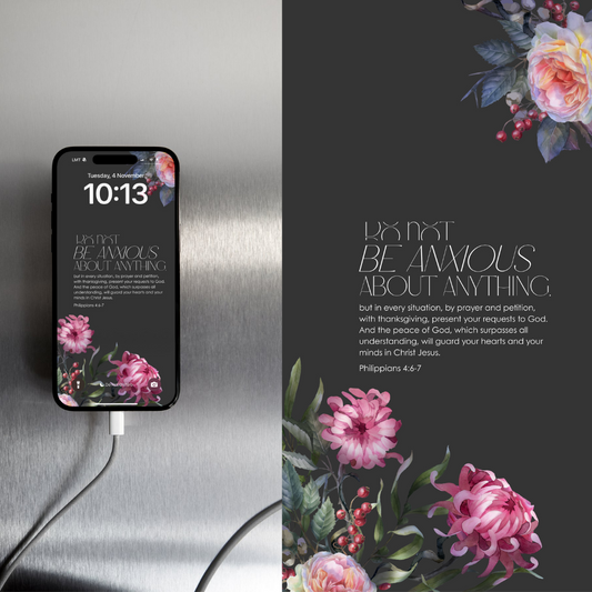 Phone with floral screen on a metallic surface, next to a floral design and text.