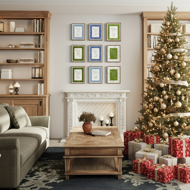 Christmas Living Room with Tree and Gifts