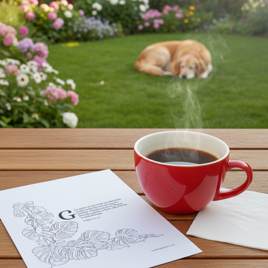 Real-life garden scene with Psalm coloring page, red cup, folded napkin and pet in background