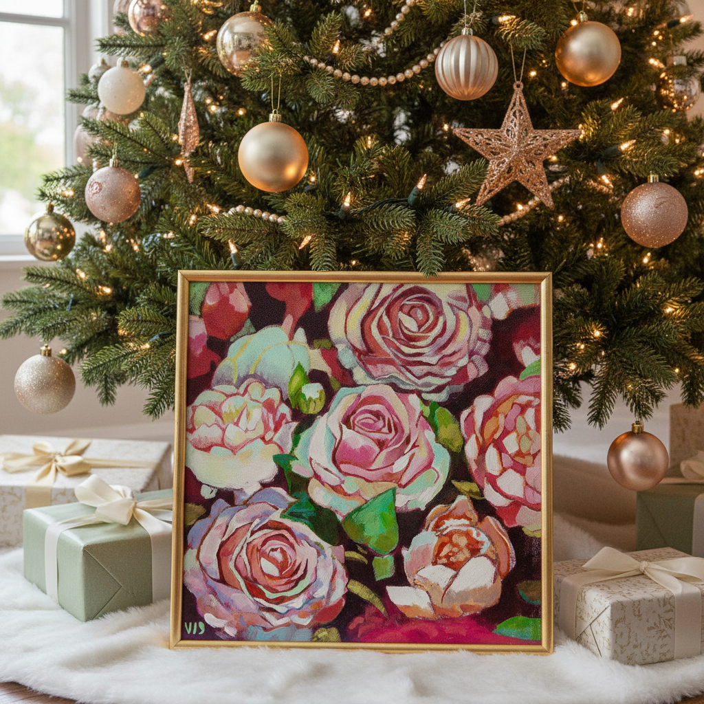 Zoomed Christmas Tree with Gold-Framed Floral Art